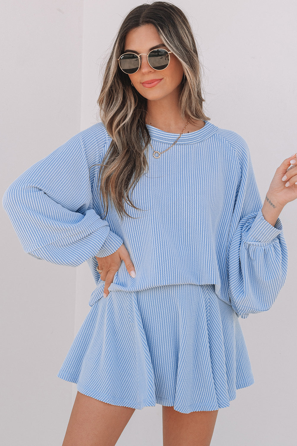 Sky Blue Corded Lantern Sleeve & High Waist Ruffled Mini Skort Set