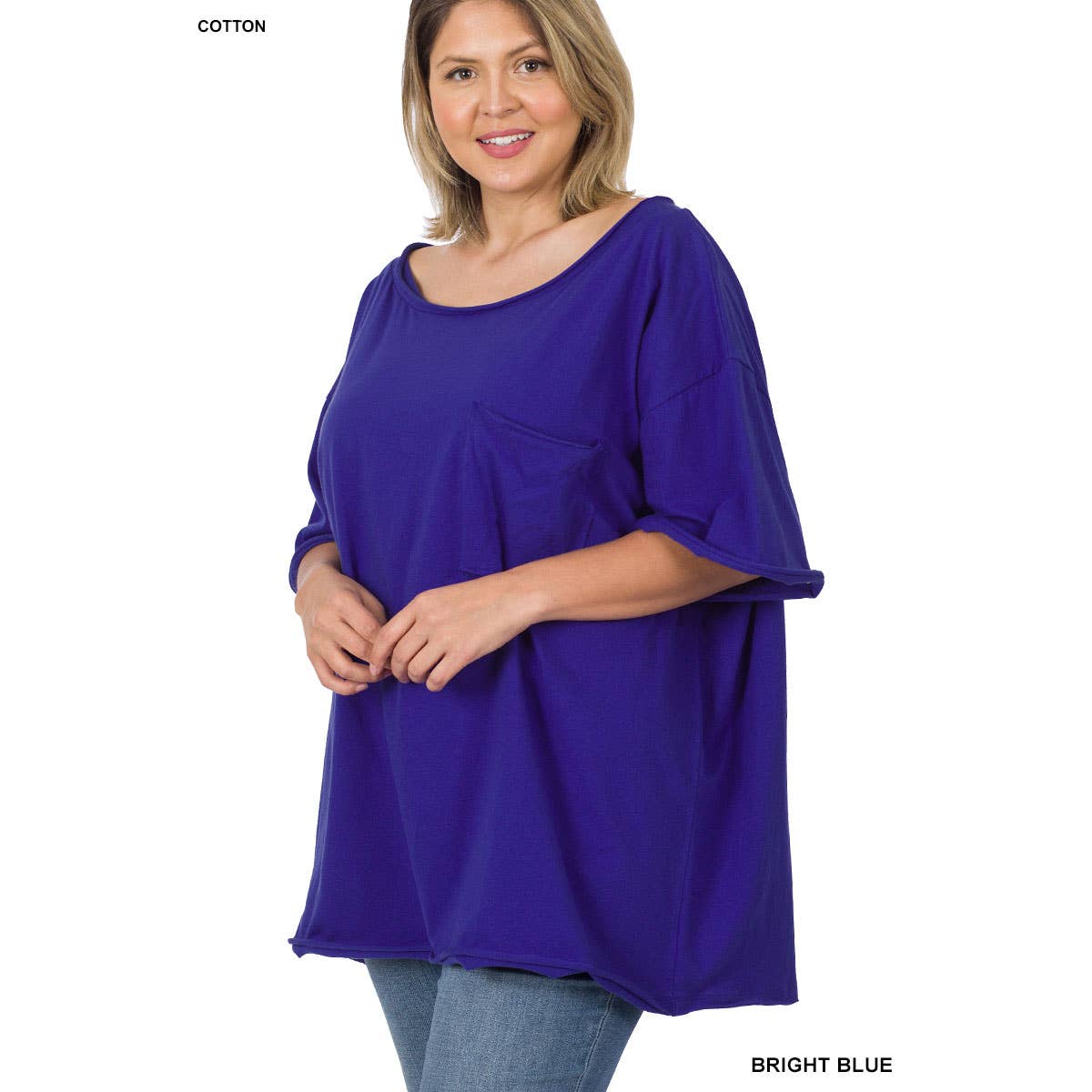 30-80X PLUS OVERSIZED FRONT POCKET RAW EDGE BOYFRIEND TEE